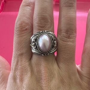 Vintage Merav Sterling Silver Pink Pearl Cabochon Statement Ring